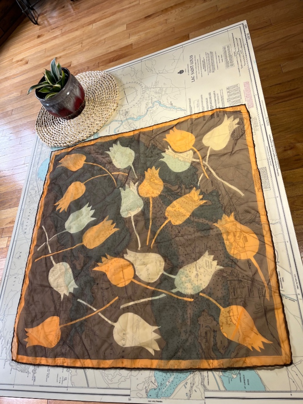 Vintage Tulip Pattern Brown and Orange Sheer Scarf - Picture 2 of 5